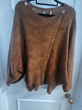 NWOT Cozy Brown Ribbed Knit Wrap Poncho Sweater with Button Detail - One Size